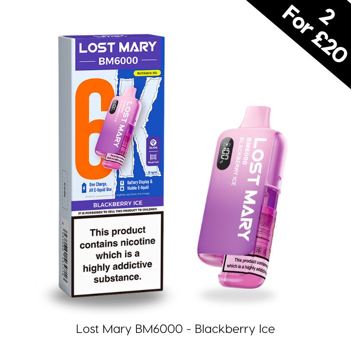 Lost Mary BM6000 Blackberry Ice vape device and packaging on a white background