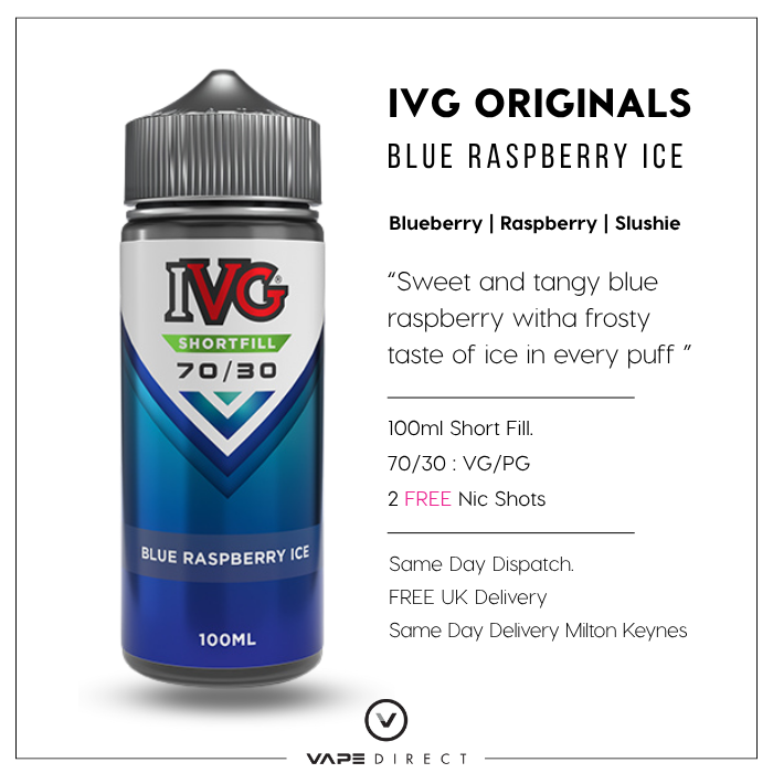 IVG Originals Blue Raspberry Ice 100ml e-liquid bottle with product details, flavour description Free UK Delivery and same day delivery in milton keynes.
