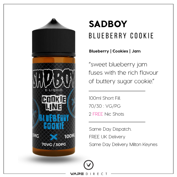 Sadboy Blueberry Cookie 100ml e-liquid bottle with product flavour description and delivery details.