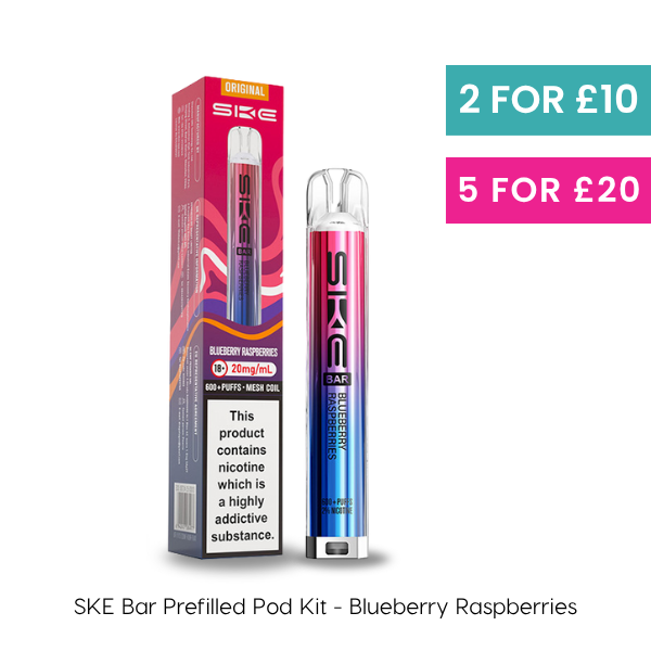Blueberry Raspberries SKE Bar Prefilled Pod Kit, offering 600 puffs and 20mg/ml of nicotine.