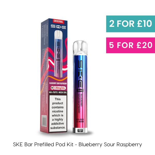 Blueberry Sour Raspberry SKE Bar Prefilled Pod Kit, offering 600 puffs and 20mg/ml of nicotine.