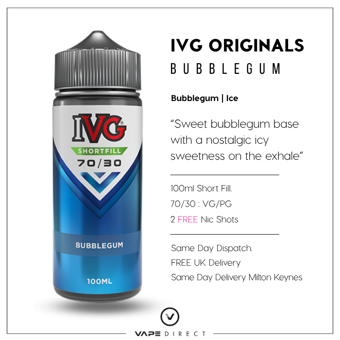 IVG Originals Bubblegum 100ml e-liquid bottle with product details, flavour description Free UK Delivery and same day delivery in milton keynes.