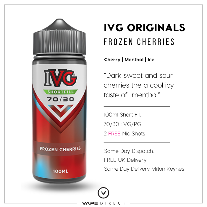 IVG Originals Frozen Cherries 100ml e-liquid bottle with product details, flavour description Free UK Delivery and same day delivery in milton keynes.