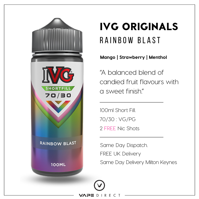 IVG Originals Rainbow Blast 100ml e-liquid bottle with product details, flavour description Free UK Delivery and same day delivery in milton keynes.