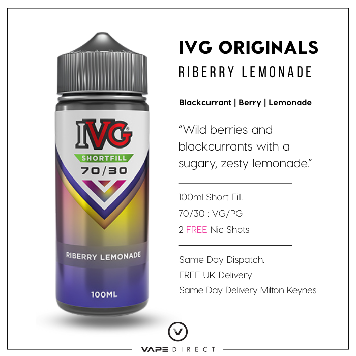 IVG Originals Riberry Lemonade 100ml e-liquid bottle with product details, flavour description Free UK Delivery and same day delivery in milton keynes.