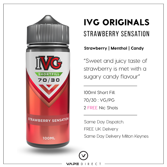 IVG Strawberry Sensation 100ml e-liquid bottle with red design and details about flavors and shipping information.