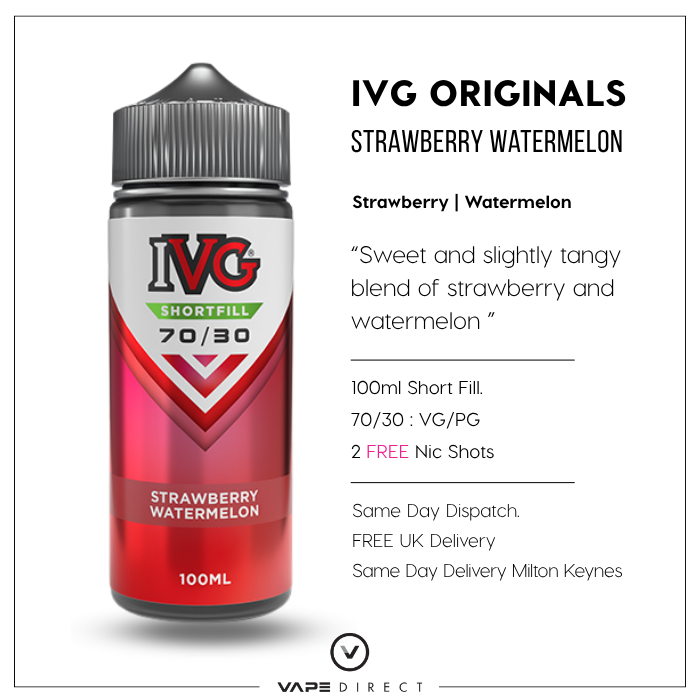 IVG Originals Strawberry Watermelon 100ml e-liquid bottle with product details, flavour description Free UK Delivery and same day delivery in milton keynes.