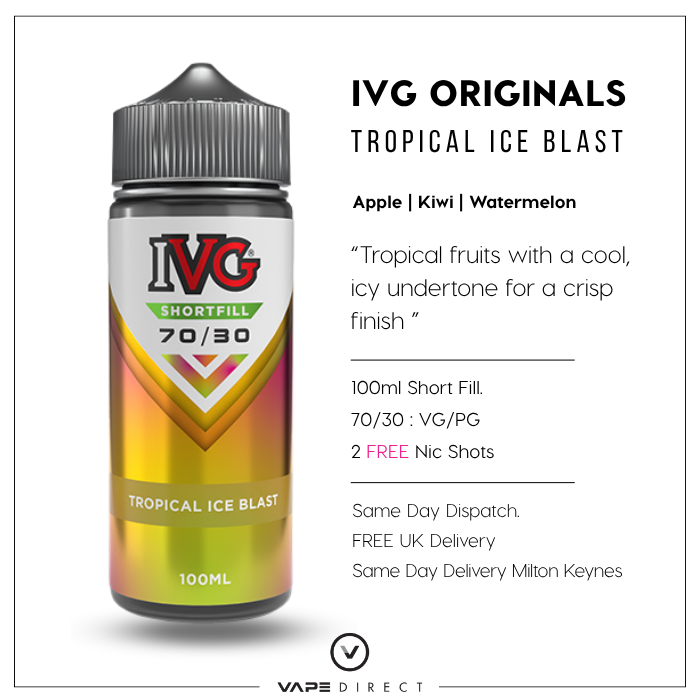 IVG Originals Tropical Ice Blast 100ml e-liquid bottle with product details, flavour description Free UK Delivery and same day delivery in milton keynes.