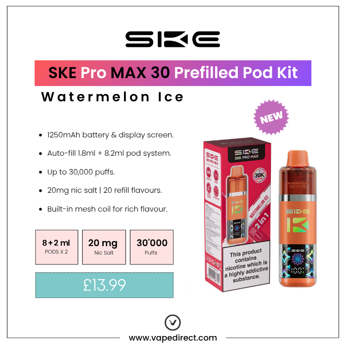 SKE Pro MAX 30 pod kit in Watermelon Ice flavour. 1250mAh battery, 30,000 puffs, and 20mg nic salt.