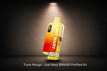 Triple Mango Lost Mary BM6000 rechargeable vape kit featured under a spotlight against a brick wall background.
