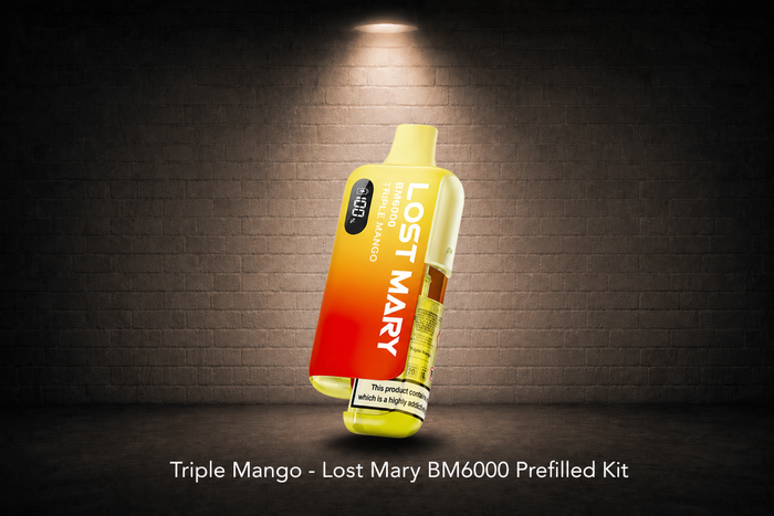 Triple Mango Lost Mary BM6000 rechargeable vape kit featured under a spotlight against a brick wall background.