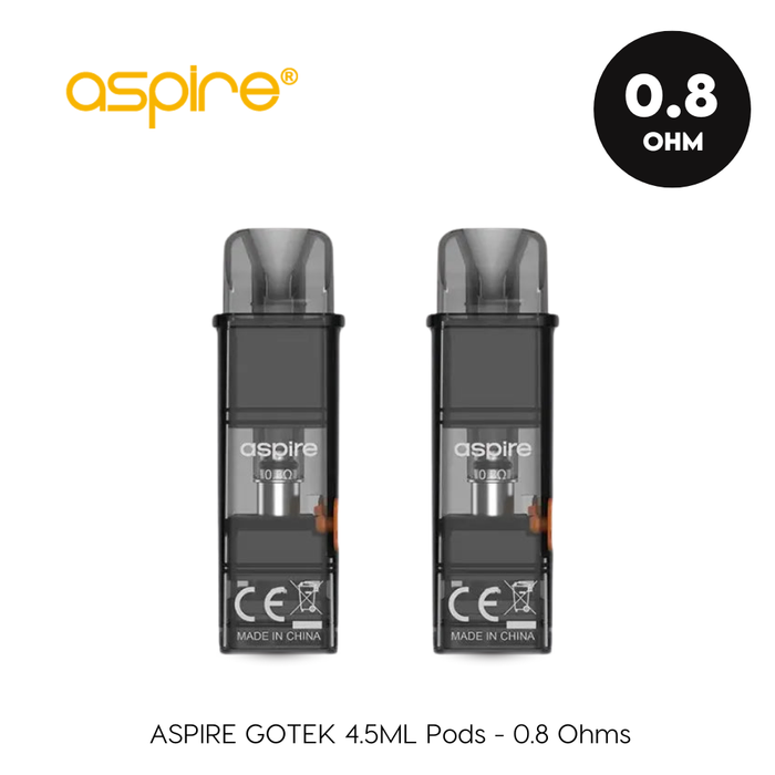 Two Aspire GOTEK vape pods with 0.8 Ohm resistance on a white background.