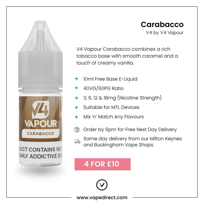 V4 Vapour - Carabacco 10ml E-Liquid, 40VG/60PG, for MTL devices. Multiple nicotine strengths, mix & match deals, and 4 for £10 at www.vapedirect.com. Available at Vape Direct In Milton Keynes