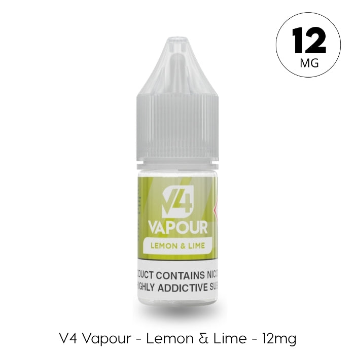 A 10ml bottle of V4 Vapour - Lemon Lime E-Liquid, branded by V4 Vapour, with “12mg” nicotine strength. The bottle has a green and white label, white cap, and is labeled “V4 Vapour - Lemon & Lime - 12mg”. Available at Vape Direct In Milton Keynes