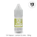 A 10ml bottle of V4 Vapour - Lemon Lime E-Liquid, branded by V4 Vapour, with “12mg” nicotine strength. The bottle has a green and white label, white cap, and is labeled “V4 Vapour - Lemon & Lime - 12mg”. Available at Vape Direct In Milton Keynes