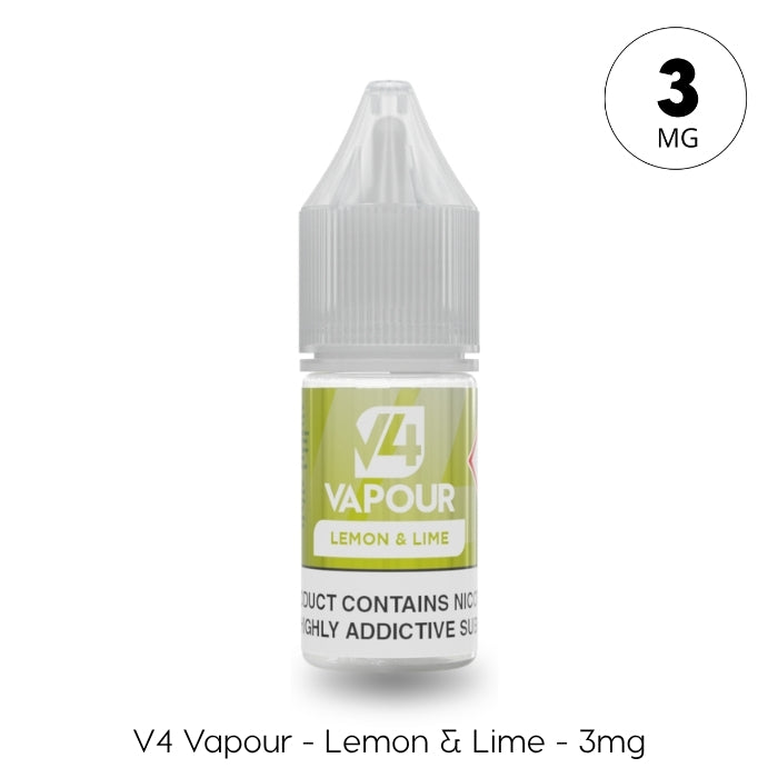 V4 Vapour - Lemon Lime 10ml E-Liquid, 3mg nicotine, comes in a small bottle with a green label indicating it contains nicotine. Available at Vape Direct In Milton Keynes