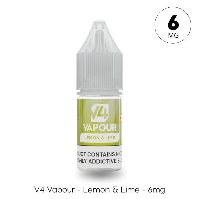 A 10ml bottle of V4 Vapour - Lemon Lime E-Liquid with a green and white label showing 6mg nicotine strength and lemon lime flavor. Available at Vape Direct In Milton Keynes
