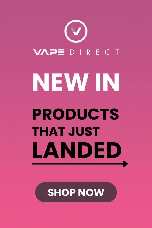 A pink gradient advertisement for Vape Direct features the text: NEW IN PRODUCTS THAT JUST LANDED, with a gray SHOP NOW button at the bottom. Available at Vape Direct In Milton Keynes