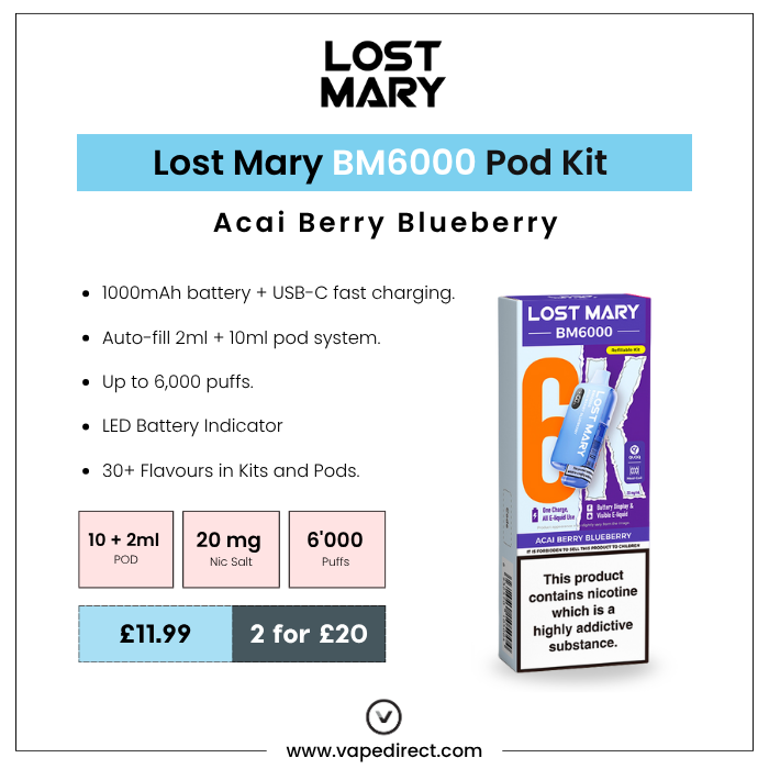 Acai Berry Blueberry Lost Mary BM6000 Pre-filled Pod Kit: Key Features and Specifications
