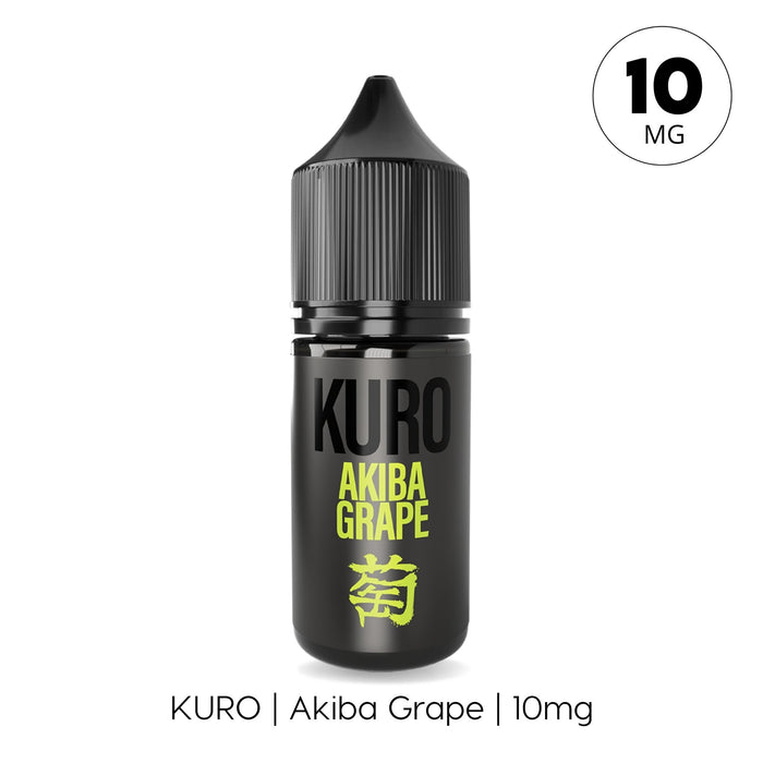 A black bottle labeled with Japanese characters, containing Akiba Grape Nic Salt E-Liquid by Kuro from Riot Squad (10mg), features a Kyoho grape flavor that's perfect for use in MTL kits.