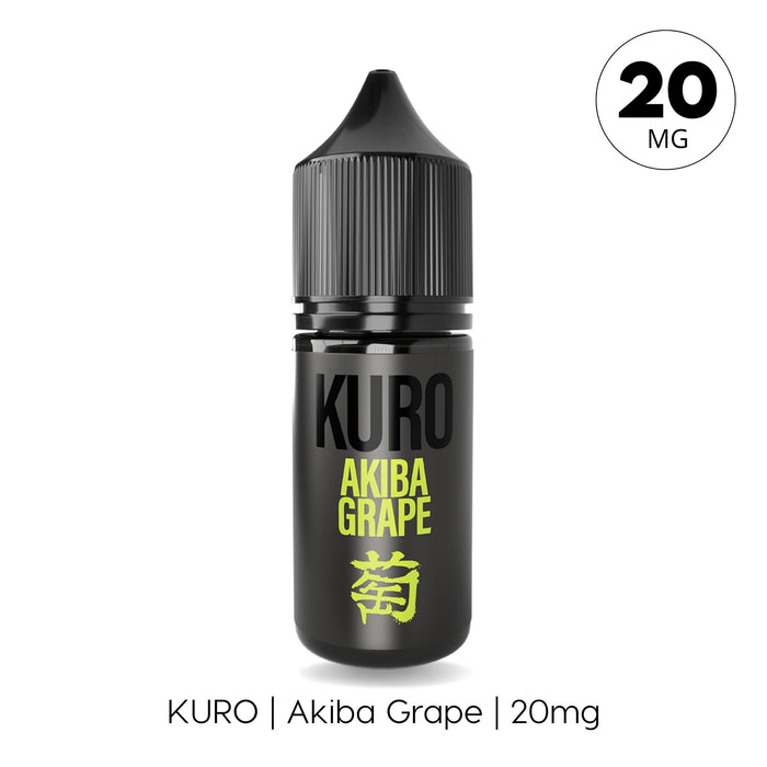 A black vape juice bottle labeled Akiba Grape Nic Salt E-Liquid by Kuro from Riot Squad, with yellow text, Japanese characters, and a "20 MG" circle, featuring a Kyoho grape flavor. Ideal for use with MTL kits, this nic salt e-liquid provides a smooth and satisfying vaping experience.