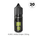 A black vape juice bottle labeled Akiba Grape Nic Salt E-Liquid by Kuro from Riot Squad, with yellow text, Japanese characters, and a "20 MG" circle, featuring a Kyoho grape flavor. Ideal for use with MTL kits, this nic salt e-liquid provides a smooth and satisfying vaping experience.