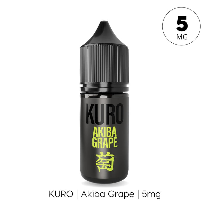 A black bottle featuring yellow text and Japanese characters, labeled "Akiba Grape Nic Salt E-Liquid by Kuro" from Riot Squad, displays a 5mg strength in a circle and is designed for use with MTL kits, containing Kyoho grape nic salt e-liquid.