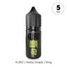A black bottle featuring yellow text and Japanese characters, labeled "Akiba Grape Nic Salt E-Liquid by Kuro" from Riot Squad, displays a 5mg strength in a circle and is designed for use with MTL kits, containing Kyoho grape nic salt e-liquid.