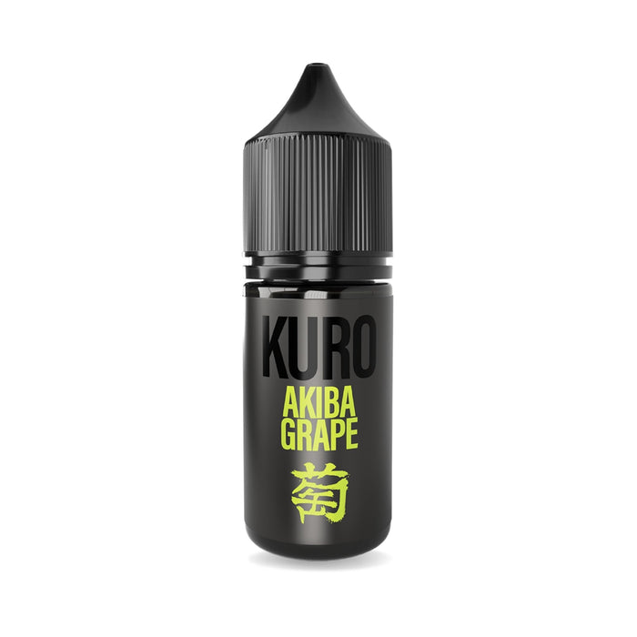 A black bottle labeled Akiba Grape Nic Salt E-Liquid by Kuro from Riot Squad, featuring yellow text and a yellow kanji symbol, is displayed; it is designed for use with MTL kits and contains Kyoho grape nic salt e-liquid.