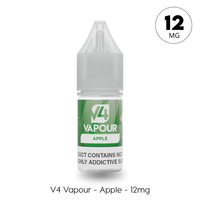 A 10ml bottle of V4 Vapour - Apple E-Liquid with 12mg nicotine. The green label indicates it's perfect for MTL vape kits. Text: V4 Vapour - Apple - 12mg. Available at Vape Direct In Milton Keynes
