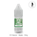 A 10ml bottle of V4 Vapour - Apple E-Liquid with a green and white label, marked 3mg nicotine. Suitable for MTL vape kits. Label reads: V4 Vapour – Apple – 3mg. Available at Vape Direct In Milton Keynes