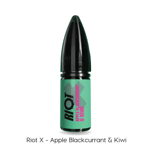 Apple Blackcurrant Kiwi Riot X nic salt e-liquid 10ml bottle on a plain background