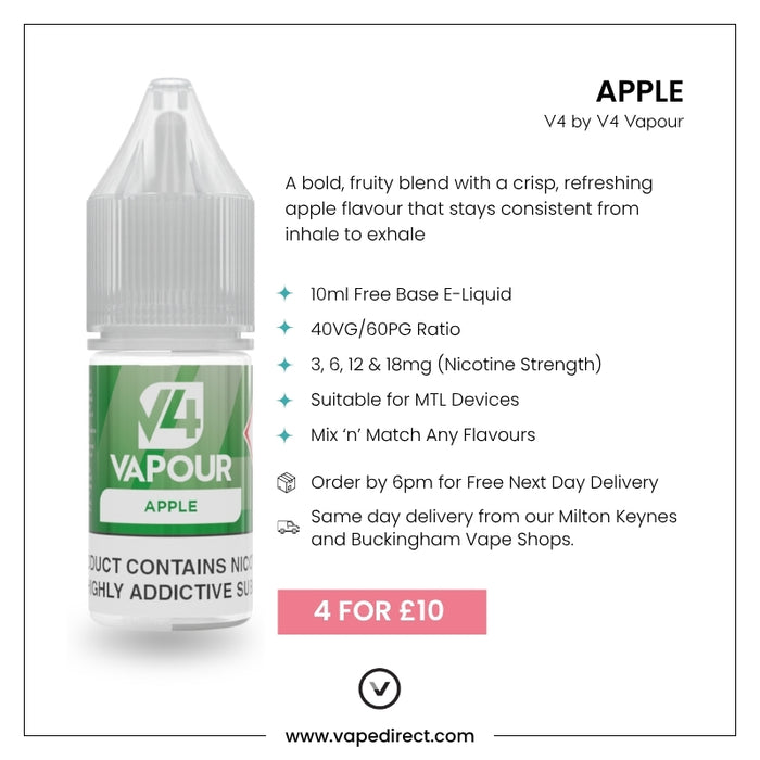 A bottle of V4 Vapour - Apple 10ml E-Liquid is displayed with 40VG/60PG ratio and multiple nicotine strengths—perfect for MTL vape kits. A pink banner reads 4 FOR £10, with vapedirect.com shown at the bottom. Available at Vape Direct In Milton Keynes