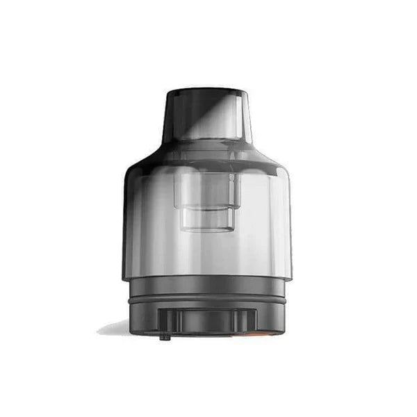 Clear and black cylindrical vape tank on a white background