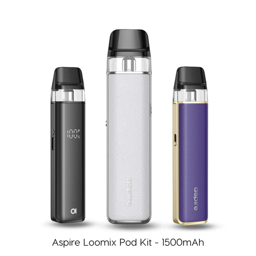 Aspire Loomix pod kit in black, pearl white and purple gold stood side by side, black device showing battery display