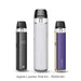 Aspire Loomix pod kit in black, pearl white and purple gold stood side by side, black device showing battery display