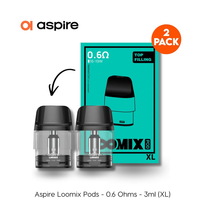 Aspire Loomix replacement pods 0.6 ohm two pack with two pods and retail box, top filling, 16 to 19W