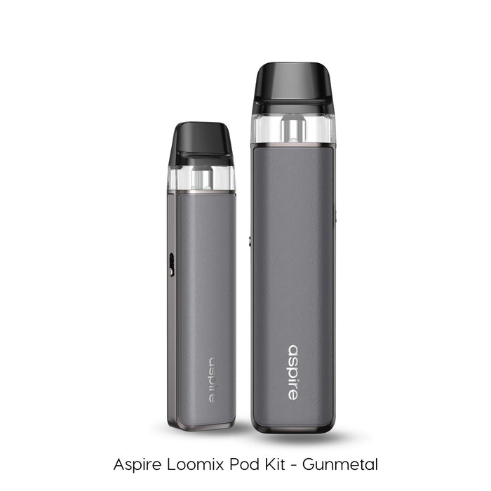 Aspire Loomix pod kit in Gunmetal shown from the side and front with leather-effect panel and clear pod