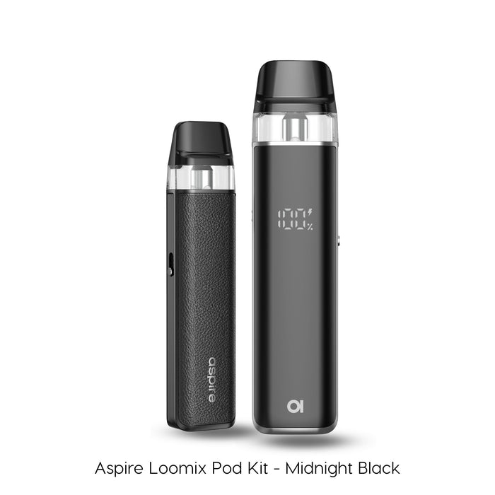Aspire Loomix pod kit in Midnight Black, side view with leather panel and front view showing battery display