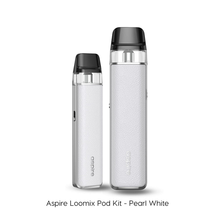 Aspire Loomix pod kit in Pearl White shown from the side and front with leather-effect panel and clear pod