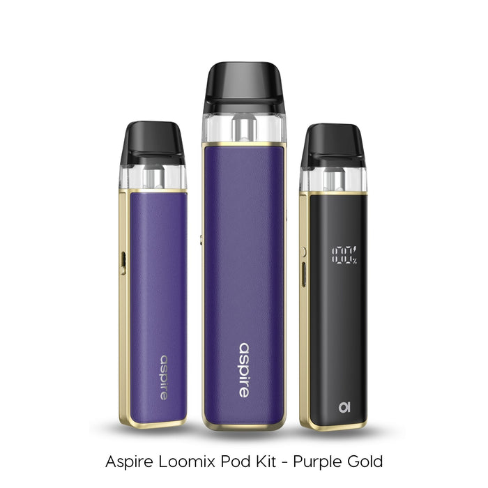 Aspire Loomix pod kit in Purple Gold with gold trim, three devices showing front, side and battery display