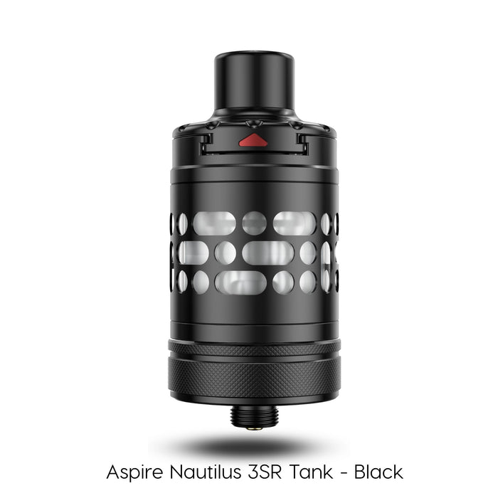 The Aspire Nautilus 3SR Tank by Aspire, in black, features a cylindrical design, geometric cutouts, adjustable airflow, and a drip tip—perfect for MTL & RDTL vaping. Available at Vape Direct In Milton Keynes
