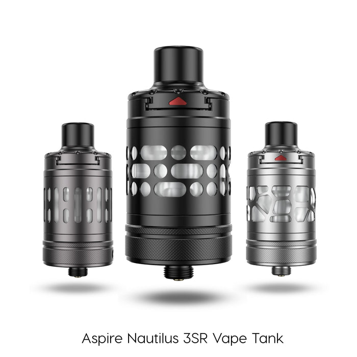 Three Aspire Nautilus 3SR Tanks by Aspire are displayed, with the center tank enlarged to showcase their sleek design. With adjustable airflow, these tanks are perfect for MTL & RDTL vaping enthusiasts. Available at Vape Direct In Milton Keynes