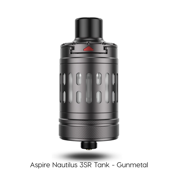 A gunmetal Aspire Nautilus 3SR Tank by Aspire is shown with vertical windows, a top cap, and adjustable airflow for MTL & RDTL vaping. Text: Aspire Nautilus 3SR Tank – Gunmetal. Available at Vape Direct In Milton Keynes