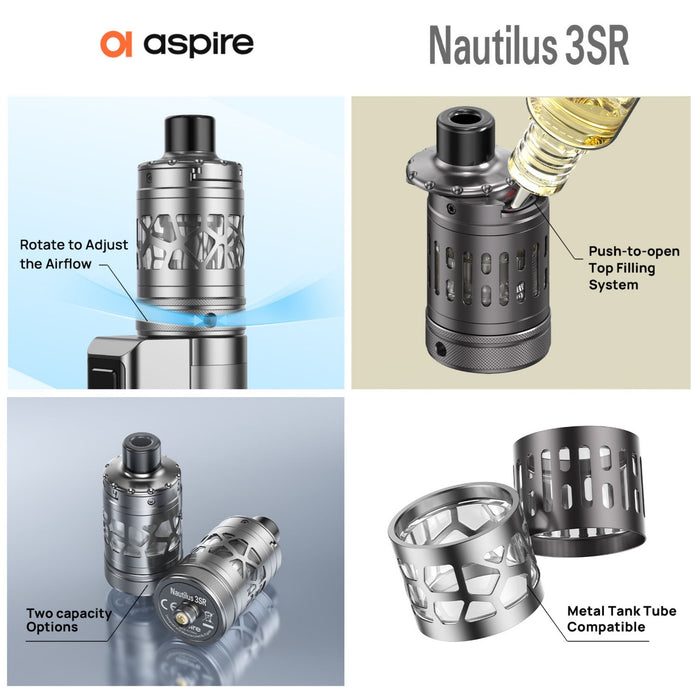 Four images display the Aspire Nautilus 3SR Tank by Aspire, featuring adjustable airflow for MTL & RDTL, push-to-open top filling, two capacity options, and compatible metal tank tubes. Available at Vape Direct In Milton Keynes