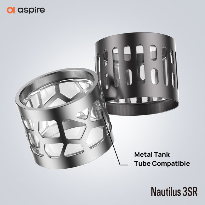 Two Aspire metallic tank tubes for the Nautilus 3SR Tank by Aspire are shown on a light grey background—one with a hexagonal cutout, the other with elongated slots. Both support adjustable airflow for MTL and RDTL vaping. Available at Vape Direct In Milton Keynes