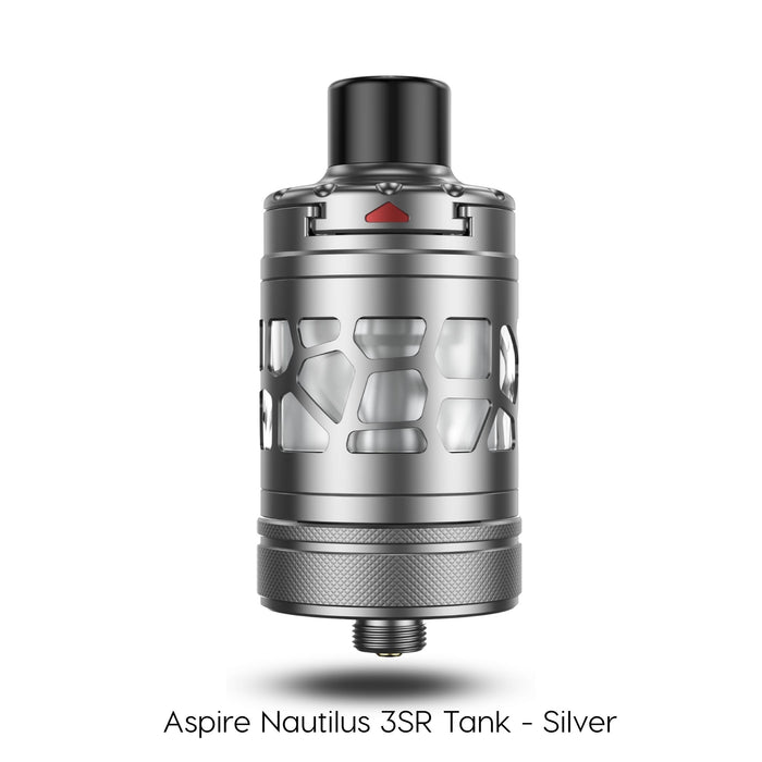 The Aspire Nautilus 3SR Tank by Aspire features a silver body with a black mouthpiece, geometric window patterns, and a red triangle indicator. Designed for MTL & RDTL vaping, it offers adjustable airflow for personalized use. Available at Vape Direct In Milton Keynes