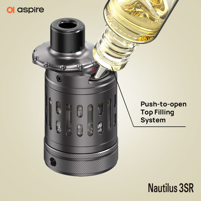 A close-up of the Aspire Nautilus 3SR Tank by Aspire being filled, showcasing its push-to-open top fill system and adjustable airflow for MTL and RDTL vaping. Available at Vape Direct In Milton Keynes