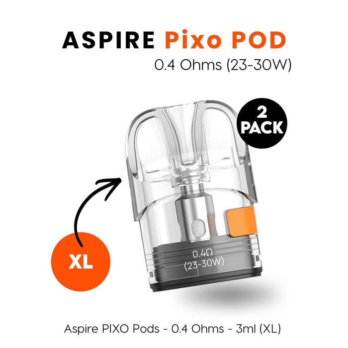 The Aspire Pixo Replacement Pods by Aspire (0.4Ω, 23–30W) come in a transparent XL size with orange highlights, a 3ml capacity, and are sold as a 2 Pack; compatible with Aspire Pixo devices for MTL & RDTL vaping. Available at Vape Direct In Milton Keynes