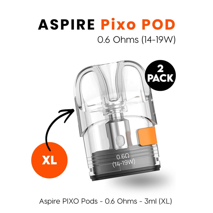 The Aspire Pixo Replacement Pods by Aspire are refillable 2ml pods with orange accents, labeled 0.6 Ohms (14-19W), designed for MTL & RDTL vaping, and come in a convenient 2-pack. Available at Vape Direct In Milton Keynes